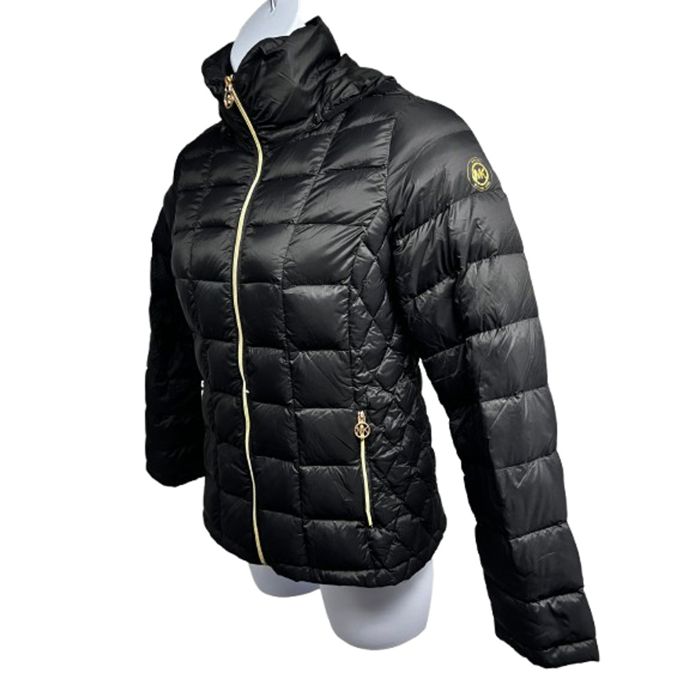 Michael Kors Packable Fill Down Black Zip Up Puffer Hooded Jacket Womens Medium